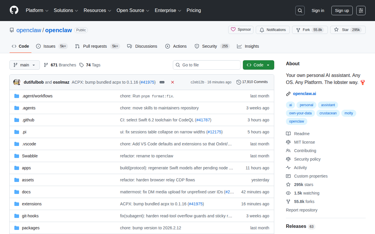 OpenClaw GitHub 仓库首页，截至 2026 年 3 月 10 日